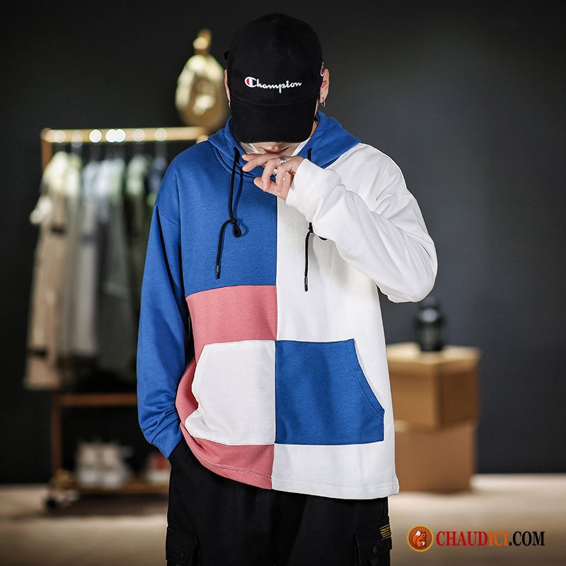 Sweat À Capuche Col Tunisien Homme Longues Marque De Tendance Manteau Bleu Hip Hop Pas Cher