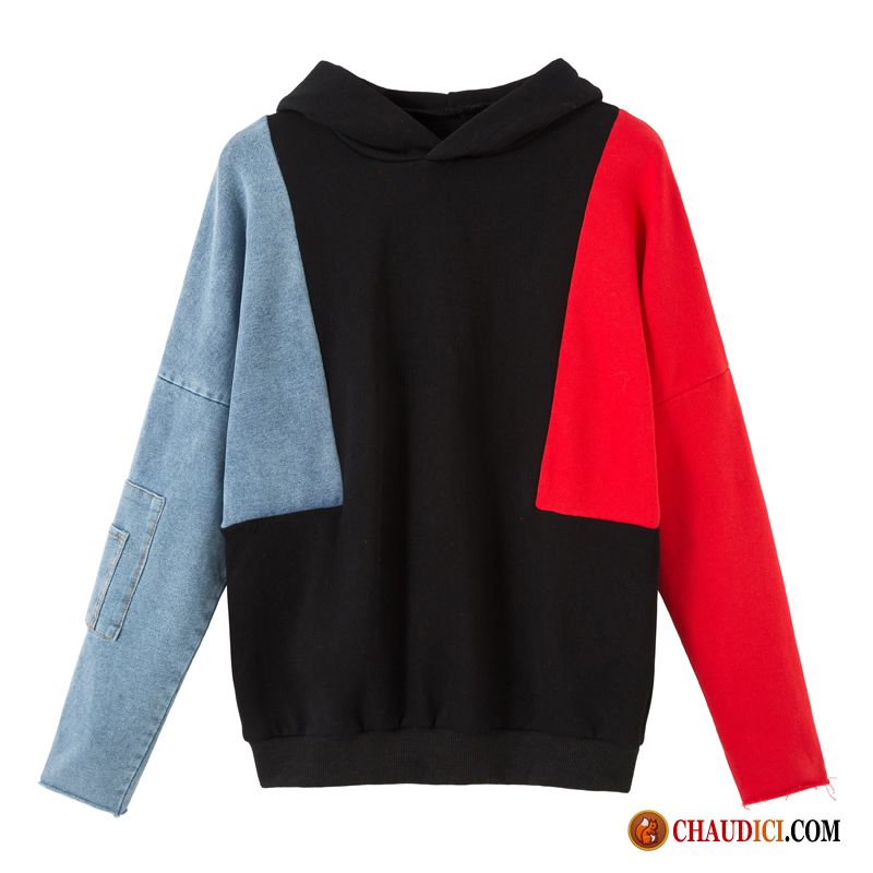 Sweat À Capuche Grosse Laine Femme Rouge Épissure Mode Pullovers Baggy L'automne Soldes