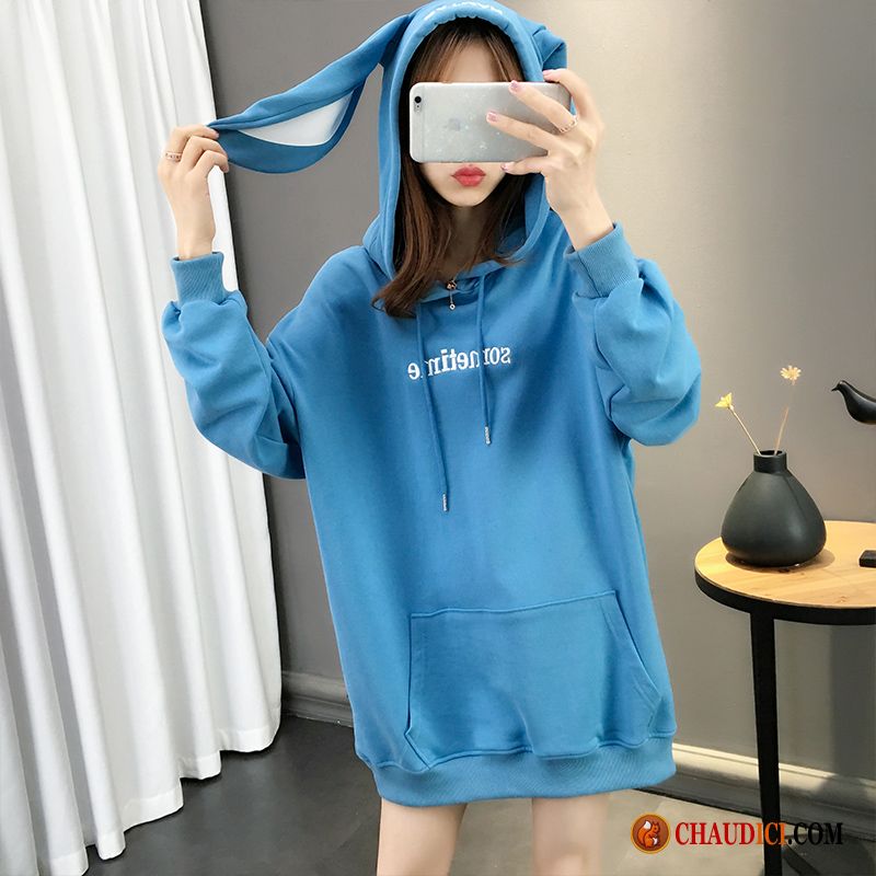 Sweat À Capuche Long Femme Laine Bleu Printemps Baggy Une Veste Lapin