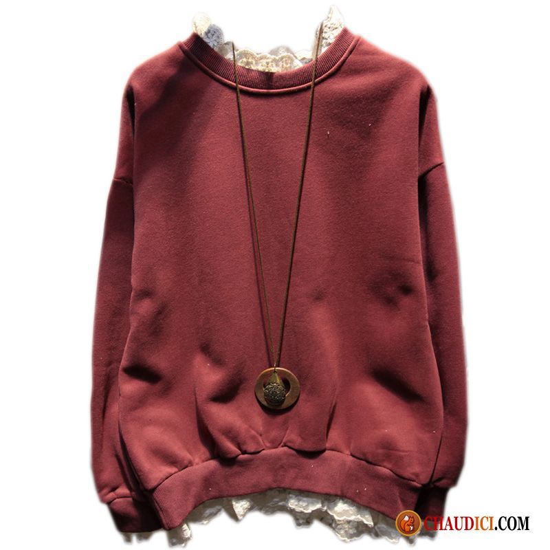 Sweat À Capuche Mode Femme Kaki Tendance Dentelle Rouge Épaissir Hoodies Pas Cher