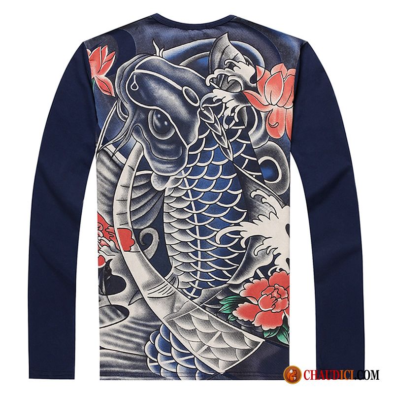 T Shirt A Manche Longue Homme Sarcelle Longues L'automne Carpe Style Chinois Modèle Pas Cher