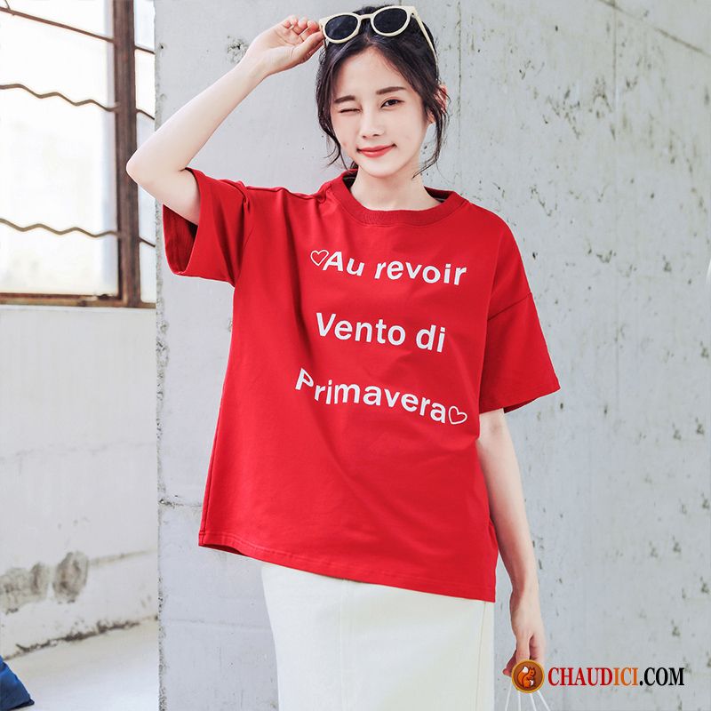 T Shirt Habillé Femme Seagreen Tendance Coton Bio Rouge Demi Manche Baggy