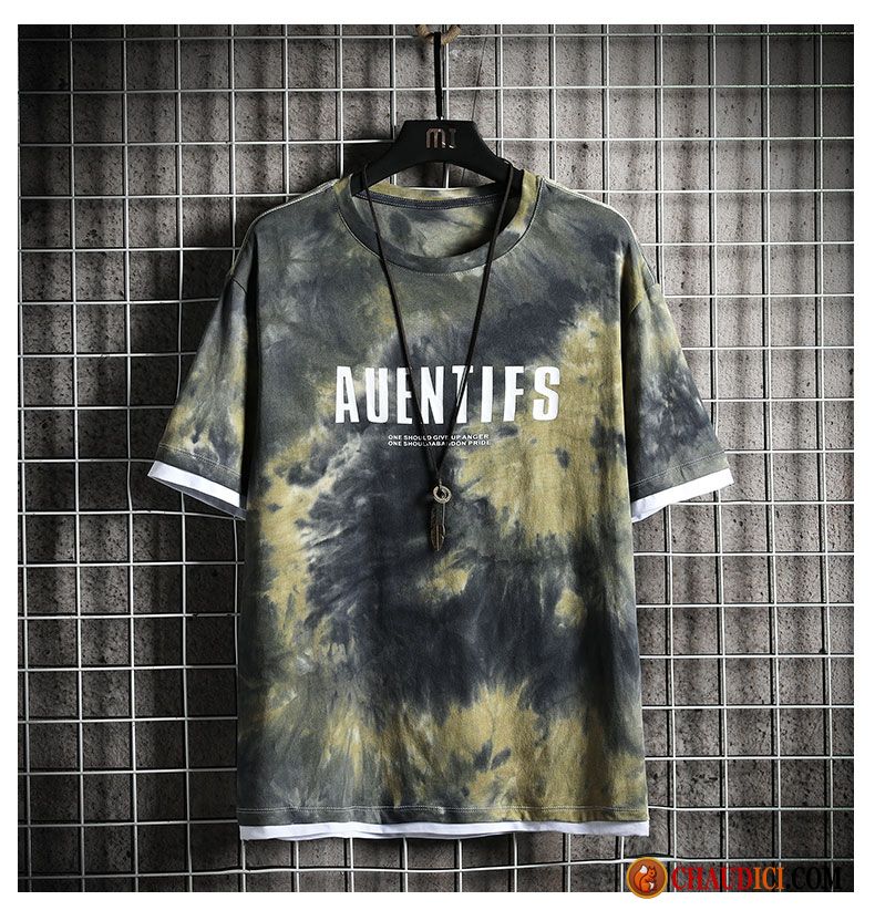 T Shirt Homme Vert Soldes Or Baggy Été Camouflage Demi Manche Vert En Vente