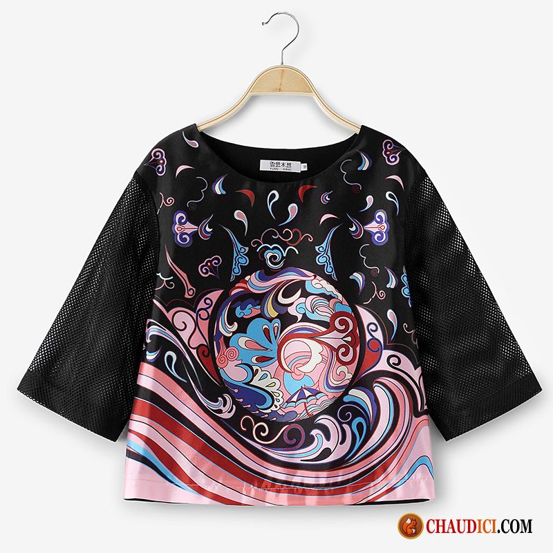 Tee Shirt Court Fille Fleurs Creux Guipure Style Chinois Vagues Impression Pas Cher