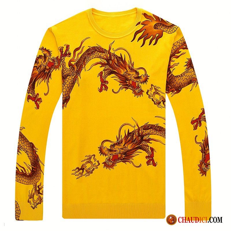 Tee Shirt Homme Mode Marron Une Veste Jeunesse Mode Dragon Jaune Pas Cher