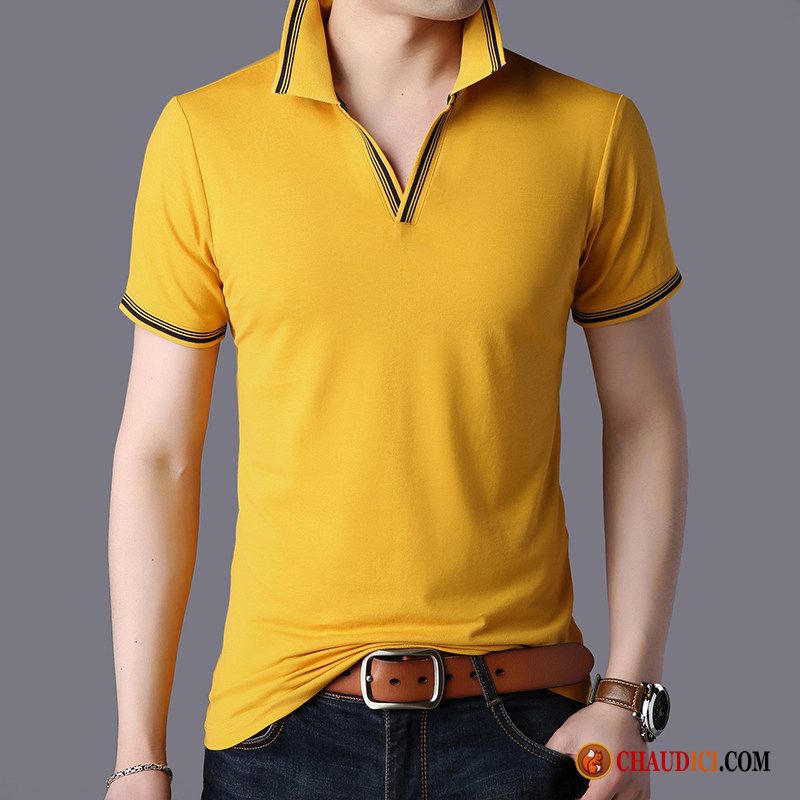 Tee Shirt Manche Longue Col V Été Coton Bio Pure Légère Jaune Pas Cher