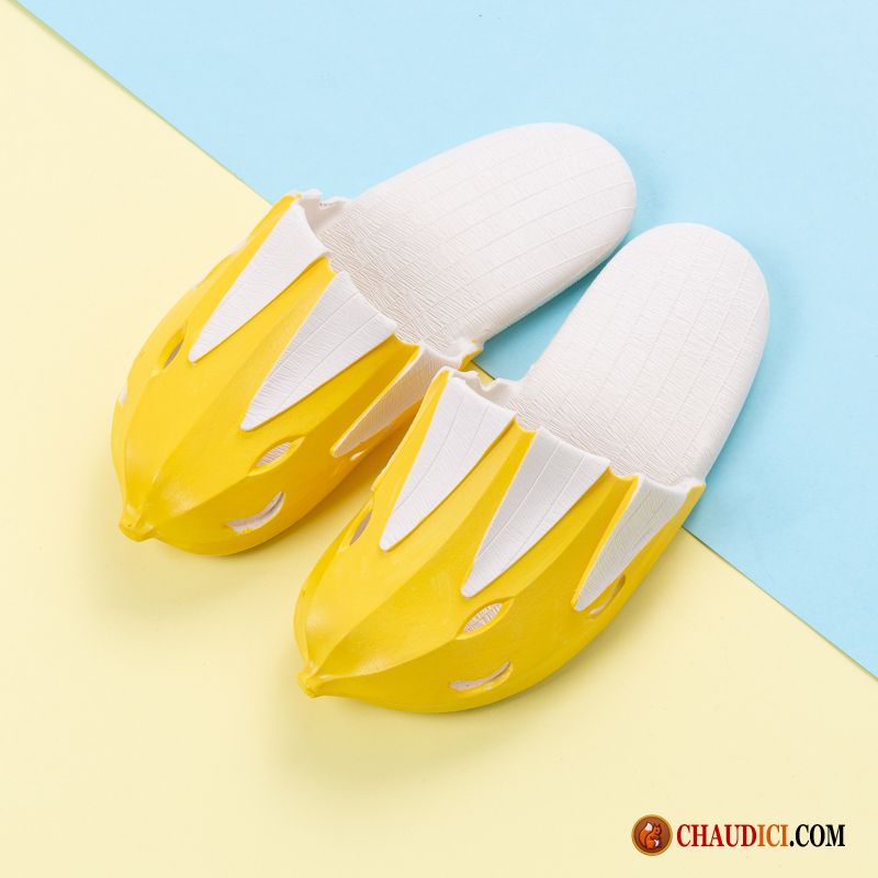 Tongs Fourrés Femme Antidérapant Personnalité Jaune Classique Tongs Chaussons Pas Cher