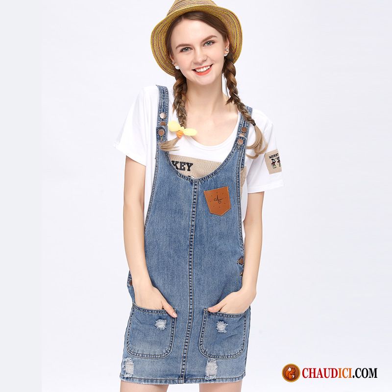 Vente Robe En Ligne Baggy Bretelle Denim Dames Printemps Pas Cher