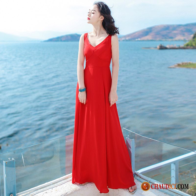 Vente Robe Femme Neige Mousseline De Soie Bretelle Plage Robe Rouge Pas Cher