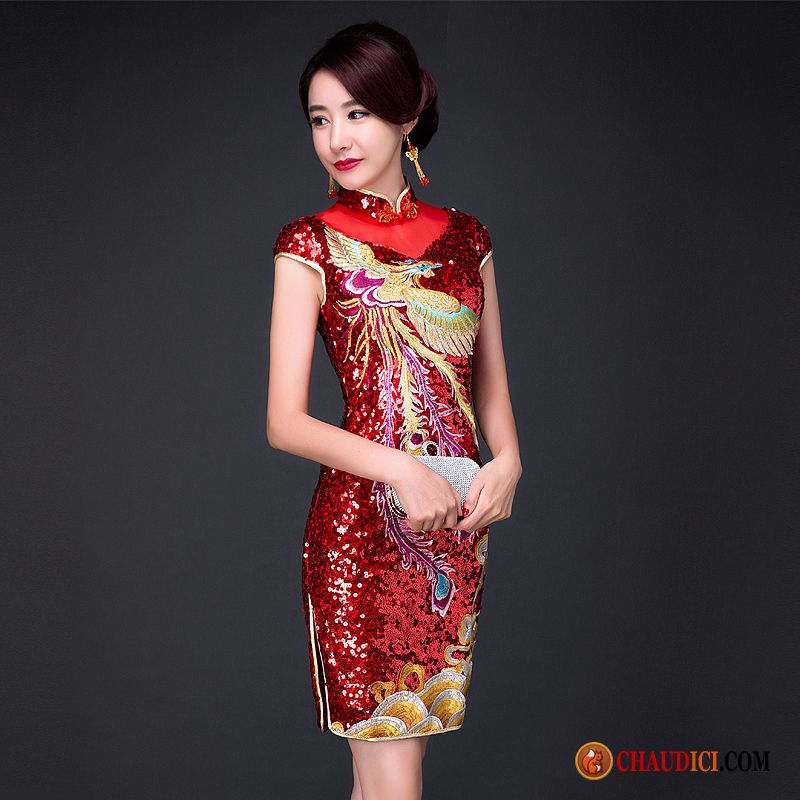 Vente Robe Soirée Rouge Cheongsam Court Rétro Paillette