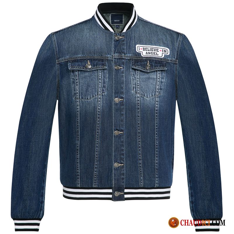 Veste Cuir Homme Solde Pierre Tendance Denim Manteau Delavé Col Mandarin Pas Cher