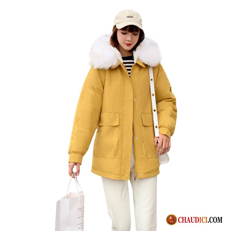 Veste En Coton Laine Femme Grand Col De Fourrure Hiver Épaissir Jaune Manteau Pas Cher