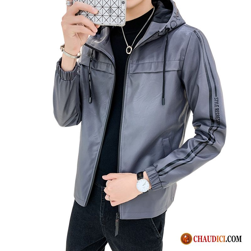 Veste En Cuir Originale Homme Saumon Gris Capuche Tendance Pu Marque De Tendance