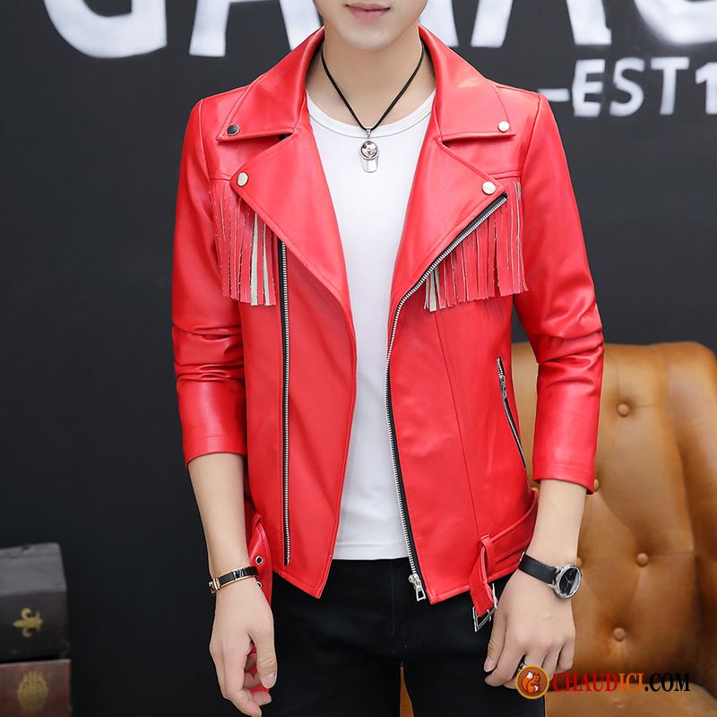 Veste En Cuir Solde Homme Les Adolescents Vestes En Cuir Rouge Slim Printemps