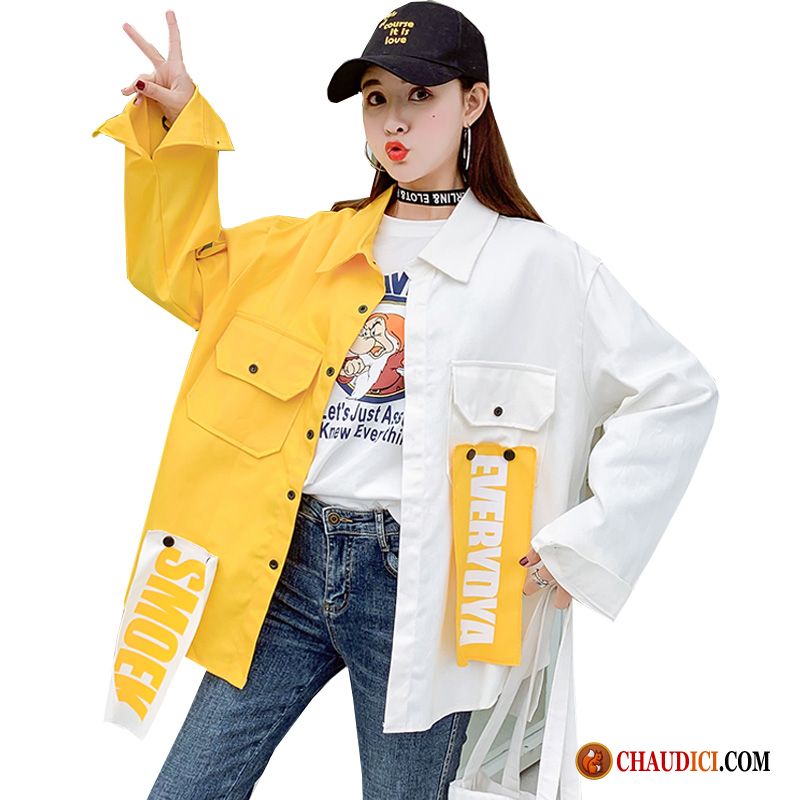 Veste Femme Longue Baggy Asymétrie Campus Vent Couleur De Contraste Vêtements De Baseball Pas Cher