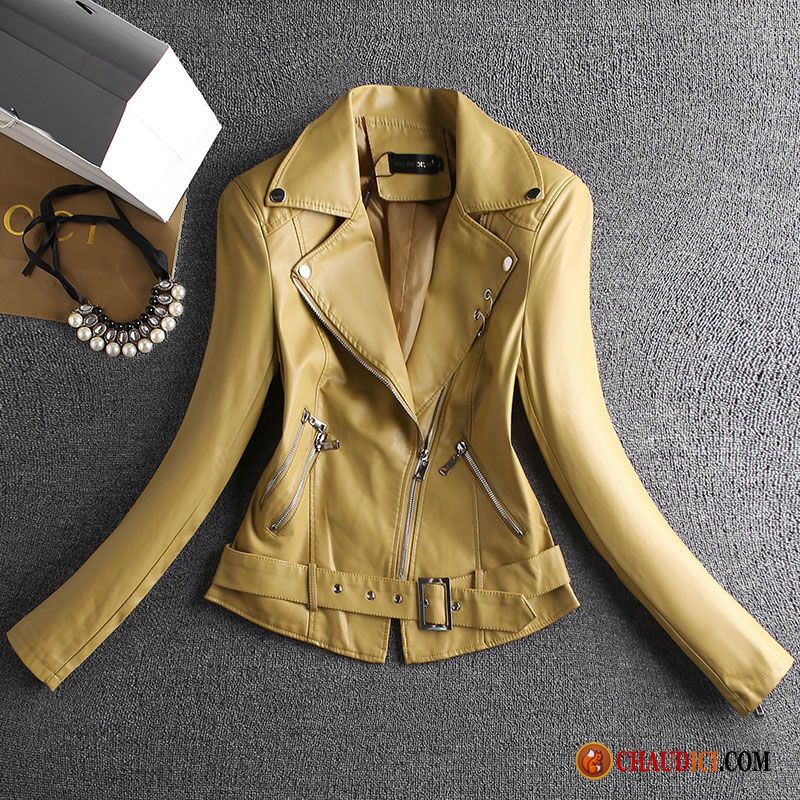 Veste Gris Clair Femme L'automne Pu Jaune Femme Vêtements Moto